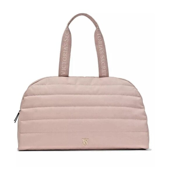 Victoria's Secret Quilted Duffle Bag Pink Zinc Weekender Gold Logo Zipper Pocket - Picture 1 of 7